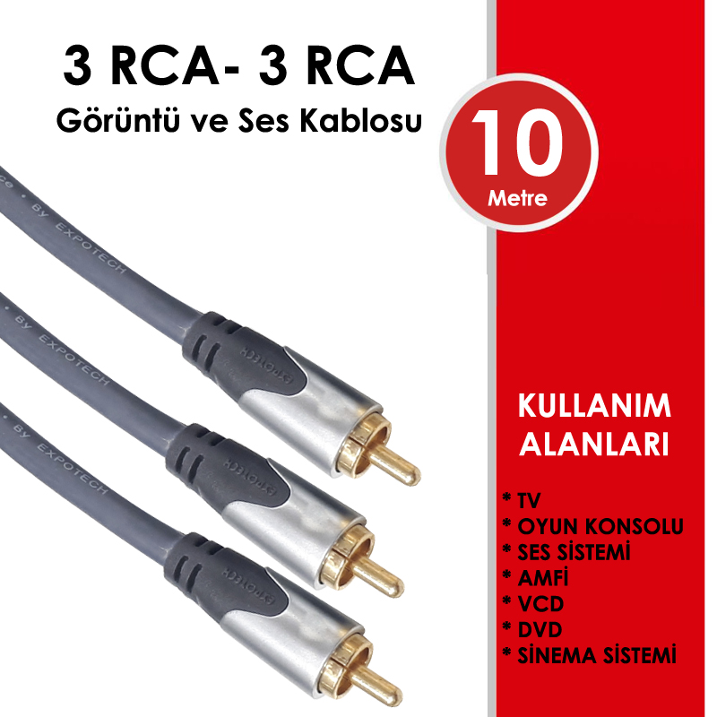 3 RCA - 3 RCA Gold Altin Kaplama 10 Metre Kablo