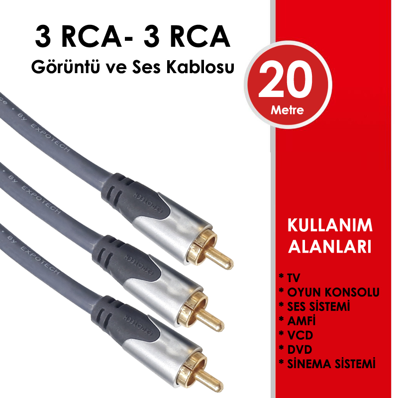 3 RCA - 3 RCA Gold Altin Kaplama 20 Metre Kablo