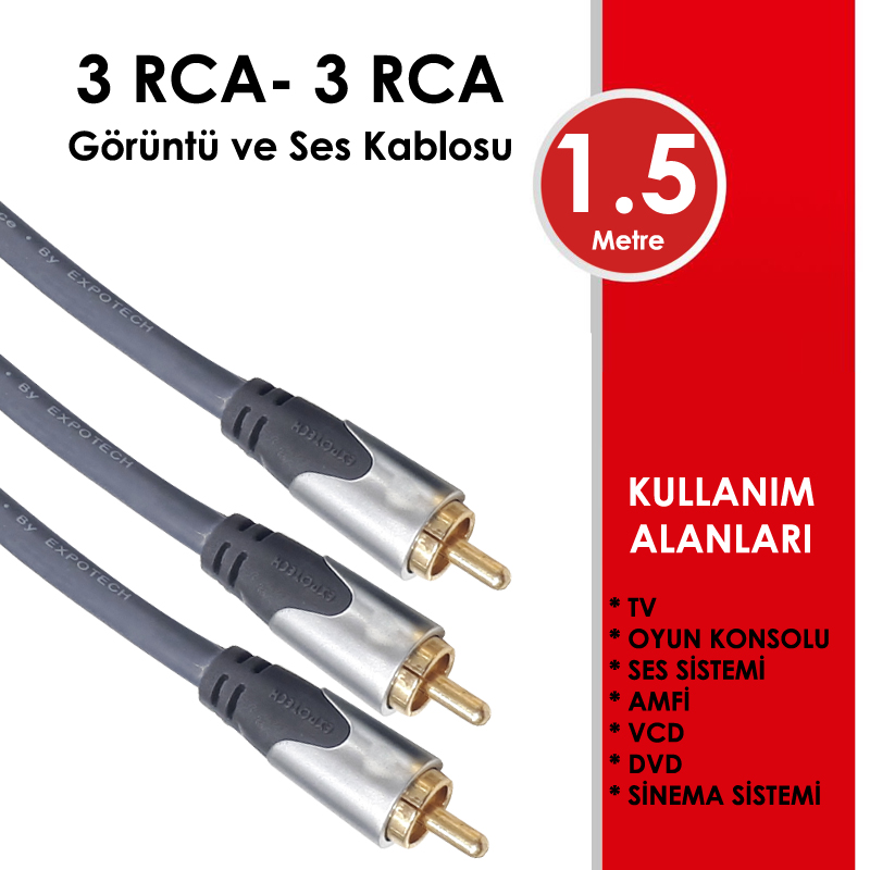 3 RCA - 3 RCA Gold Altin Kaplama 1.5 Metre Kablo
