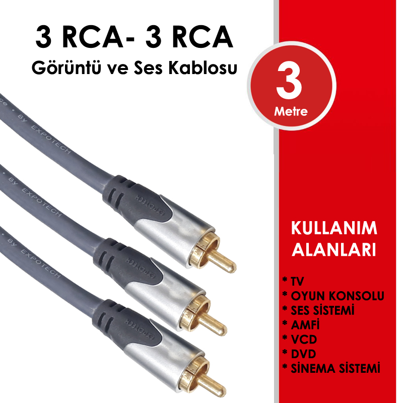 3 RCA - 3 RCA Gold Altin Kaplama 3 Metre Kablo