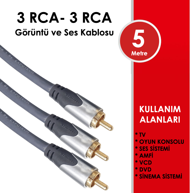 3 RCA - 3 RCA Gold Altin Kaplama 5 Metre Kablo