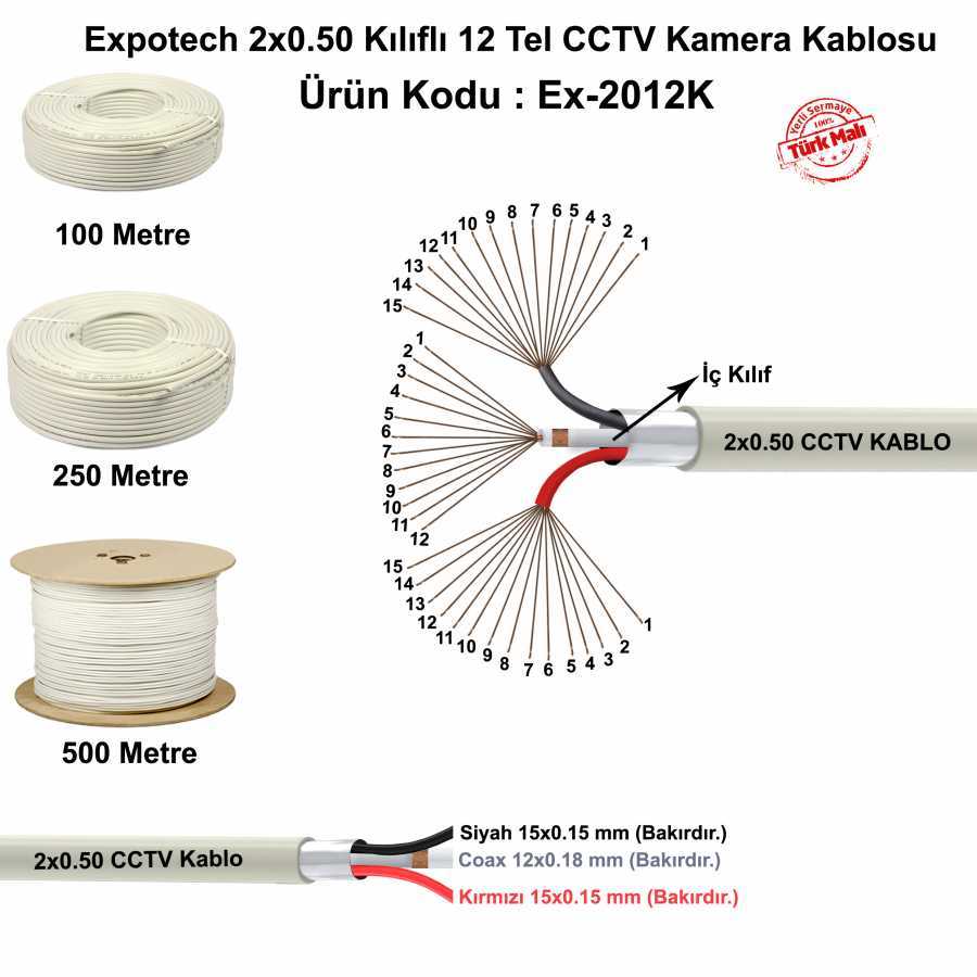 Expotech 2x0.50 Kılıflı 12 Tel CCTV Kamera Kablosu Kaliteli