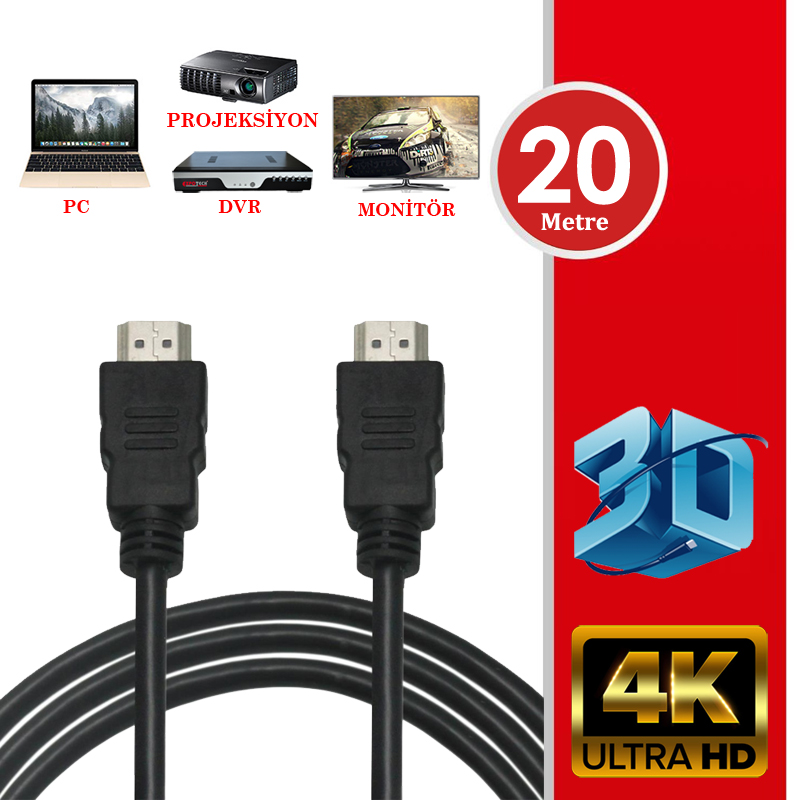 20 Metre Hdmi Kablo Full HD 3D Ses Görüntü Kablosu 4K